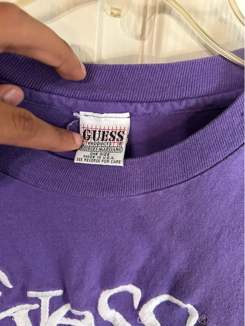 Guess purple long sleeve shirt with white 'Guess?' logo - Picture 2 of 3